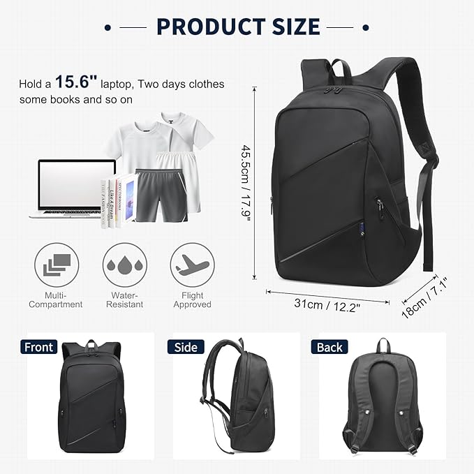 Travel Laptop Backpack, Anti-Theft Carry On Backpack Professional, TSA-Approved Water-Resistant Rucksack for Work Men Women Fits 16 Inch Notebook, Black