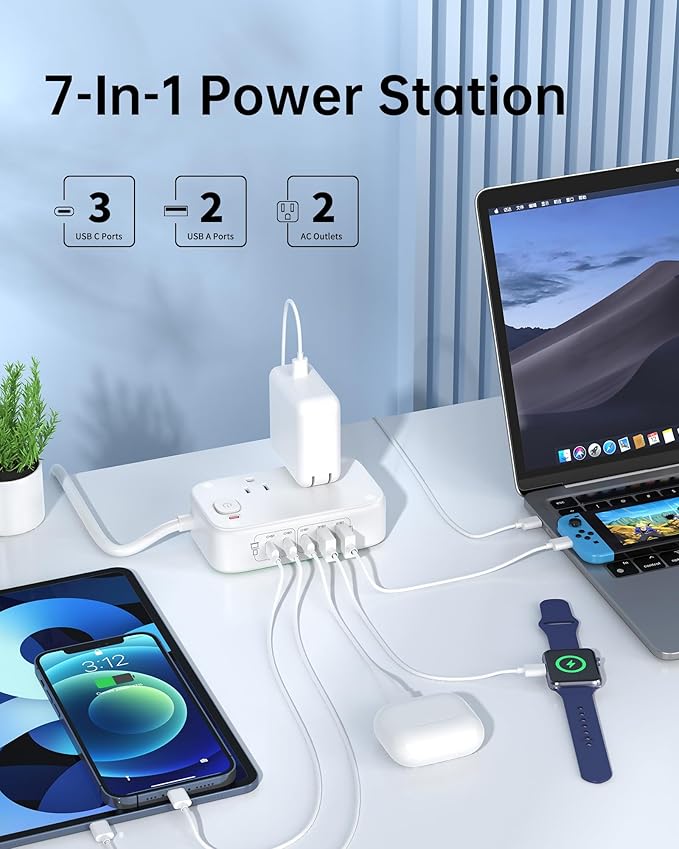 USB Charging Station for Multiple Devices PD 65W USB Power Strip Surge Protection 1200J, 5FT Flat Extension Cord Desktop USB Charging Hub for Travel,Home,Office,School,Dorm(White, 65w)