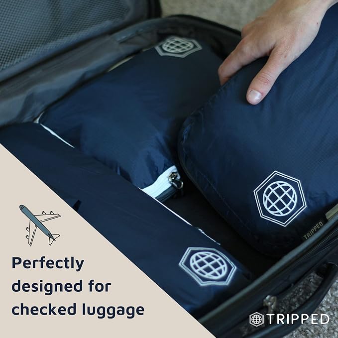 Large Compression Packing Cubes for Travel-Packing Cube Luggage Organizers 7 Piece Set for Checked Luggage-Ultralight, Expandable/Compression Bags by TRIPPED Travel Gear (Navy/White)