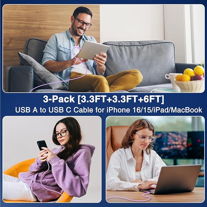 3-Pack Purple [3.3FT+3.3FT+6FT] USB A to USB C Cable，USB to USB C Car Carplay Cable for iPhone 16 15 Pro Plus Pro Max，for iPad Pro/Air/Mini，for Samsung S24/S23/S22，for MacBook Pro/Air and More