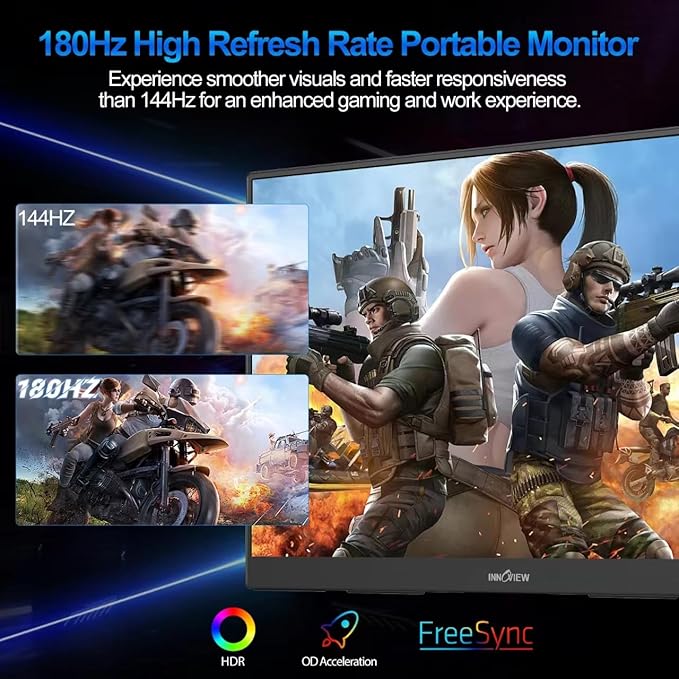 InnoView Portable Monitor, 16" 1200P FHD 180Hz 100% sRGB, Portable Gaming Monitor with Sleeve, USB-C Mini HDMI Portable Laptop Monitors for Laptop, Phones, MacBook, Tablet, PS4/5, Switch, Xbox