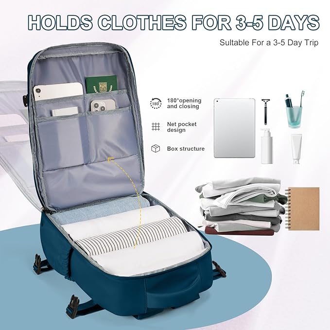 VECAVE Carry On Backpack for Women, Airline Approved Large Travel Backpack Flight Approved, Waterproof 14 Inch Laptop Backpack Business Work Backpacks Bag Men Mochila De Viaje JewelBlue.