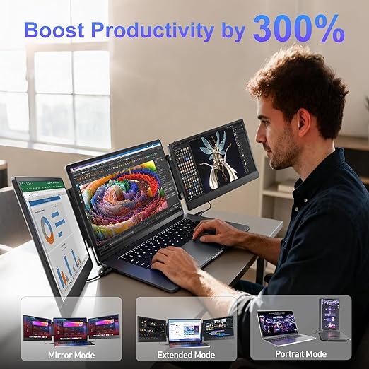 Maxfree Laptop Screen Extender, 14" FHD 1080P Triple Monitor for 13.3"-16.5" Laptop with Stand, HDMI/USB-C, Plug & Play, Built-in Speakers, Monitor Extender for Wins, MacOS, Android, Ps4/5, Phone