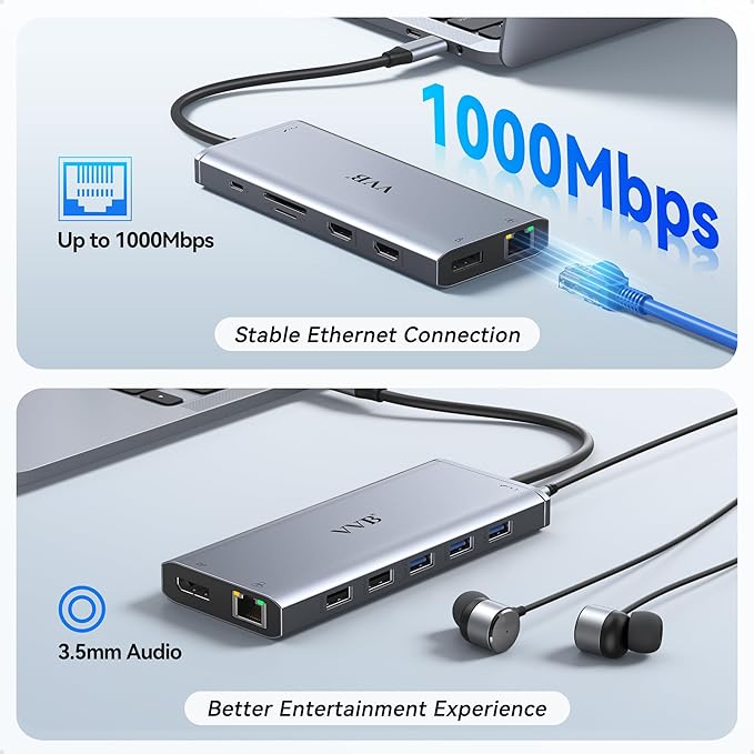 USB C Laptop Docking Station Dual Monitor HDMI for Dell/HP/Lenovo Laptop Type C Hub Multiport Adapter Dongle Dock,USB C to 2 HDMI+DisplayPort DP+Ethernet+100W USB C Power Charge Port+5USB+SD/TF+Audio
