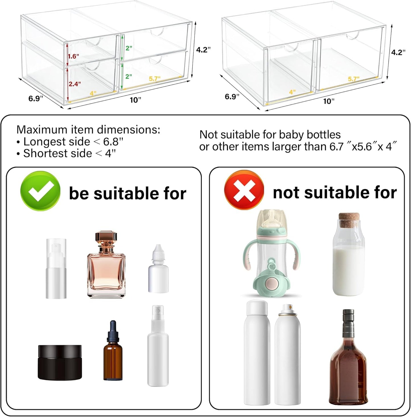Prsildan Acrylic Drawer Makeup Organizer with 6 Drawers, Set of 2 Office Desk Organizers Accessories, Clear Stackable Storage Drawers for Vanity, Craft, Not for Baby Bottle (Largest Drawer 4" Tall)