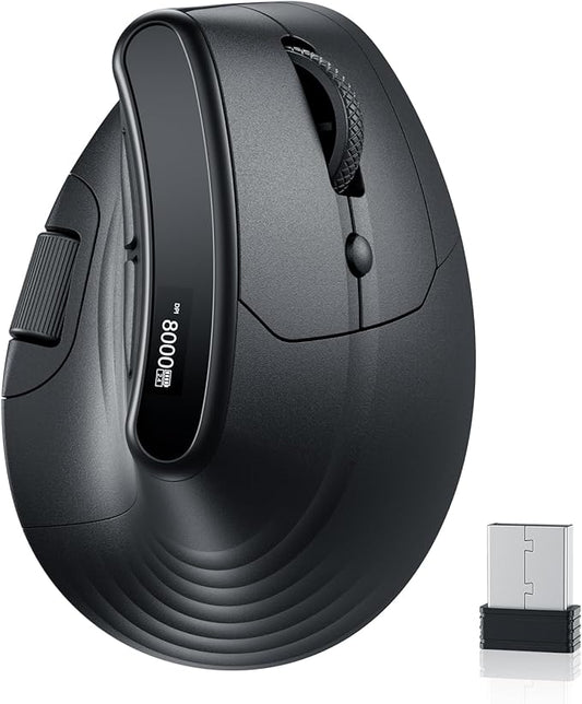 ECHTPower Ergonomic Vertical Mouse, Wireless Rechargeable Mouse with LED Display, 7-Level Adjustable DPI up to 8000, Silent & Programmable Buttons, Multi-Device Connection for PC/Mac/Laptop