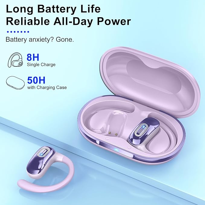 Open Ear Headphones, Bluetooth 5.4 Earbuds, 50H, Air Conduction Ear buds, HD Stereo Bass Over Ear Earphones with Earhooks, Ultra-Comfort Secure, IPX7 Waterproof Headset for Working Sports, Purple