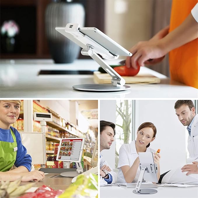 Viozon Tablet Stand and Holders with Adjustable Range and Height Aluminum Stand Compatible with iPad/iPad pro/ipad Mini/Cellphone/Kindle Desk Holder fits 3.5-13inches, 360° Swivel Adjustable Base