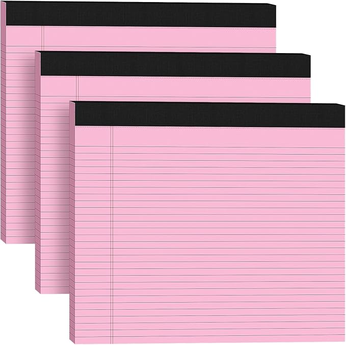 3 Pack Wide Legal Pads 11" x 9.5" (Landscape Format) Pink College Ruled Note Pad Narrow Ruled 30 Sheets per Notepad Perforated Writing Paper with Thick Backboard Horizontal Pads of Paper