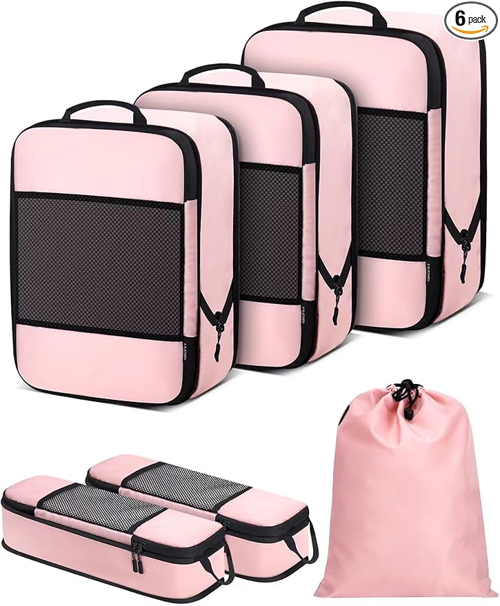 6 PCS Set Compression Packing Cubes for Travel, Lightweight Packing Organizer Bags Travel Essentials for Carry On, Suitcase, Home Closet - Pink