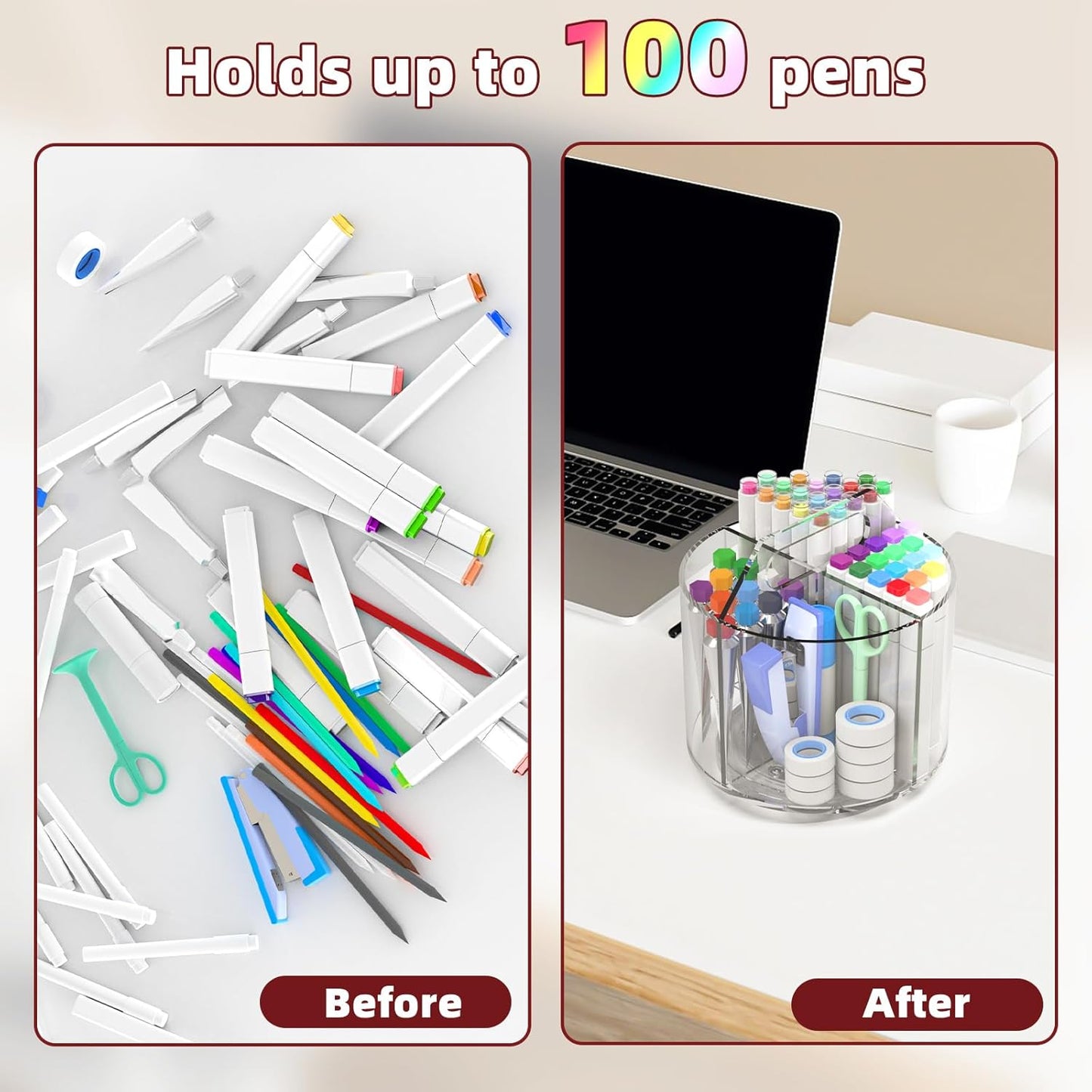 Absonic Pencil Holder for Kids, 360 Rotating Pen Holder for Desk Organizer and Storage, 4 Compartments Art Supply Marker Organizer, Acrylic Kids Desk Organizer for School Lazy Susan Organizer