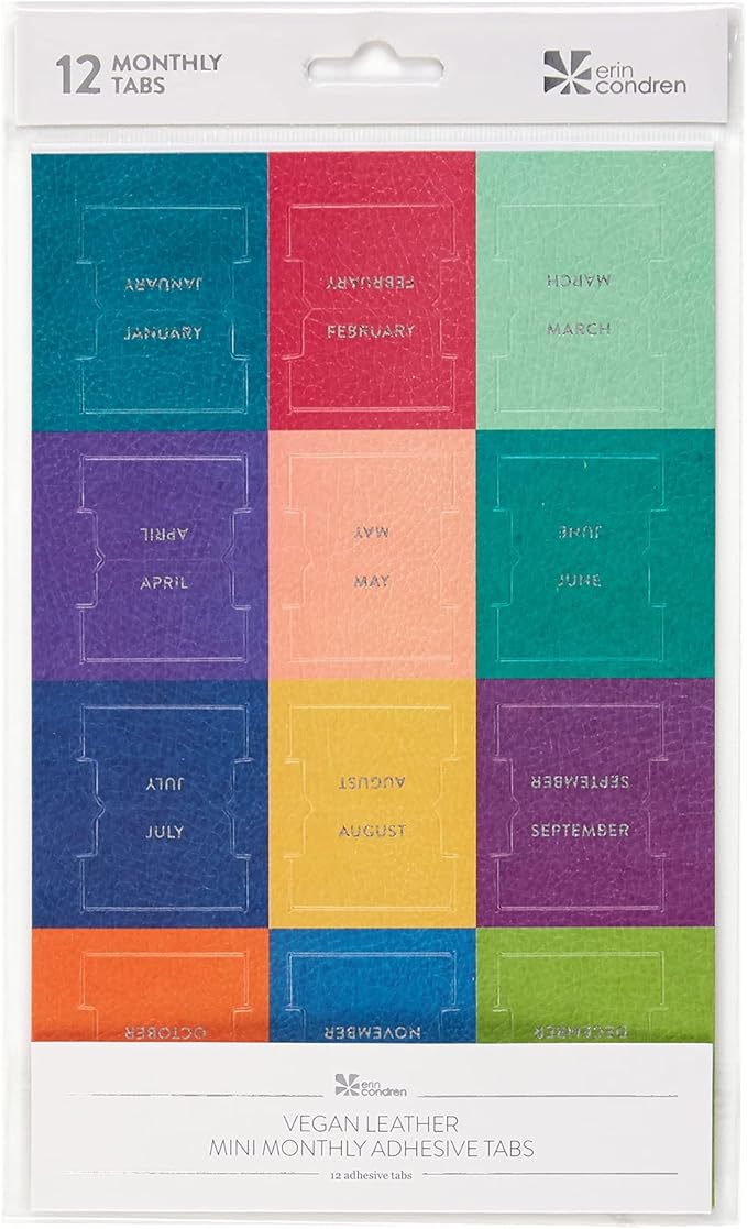 Erin Condren Vegan Leather Monthly Adhesive Tabs, Functional Planner Tabs for Organization, Sticky Index Page Markers, Journal and Notebook Accessories, Colorful + Platinum