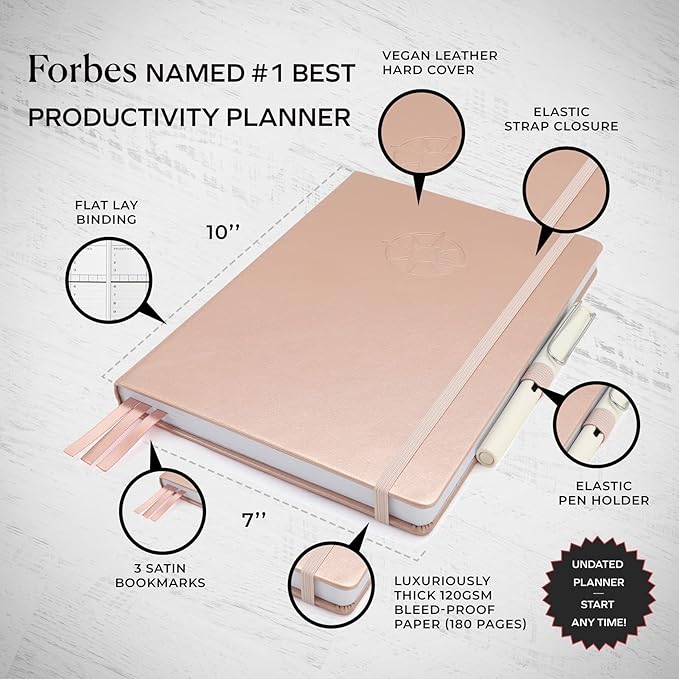 Smart Planner Pro – Undated Daily Planner – Medium B5 – Achieve Goals & Increase Productivity with Weekly, Monthly, Work Sections - Organizer Planner with Back Pocket, 3 Satin Bookmarks & Pen Holder