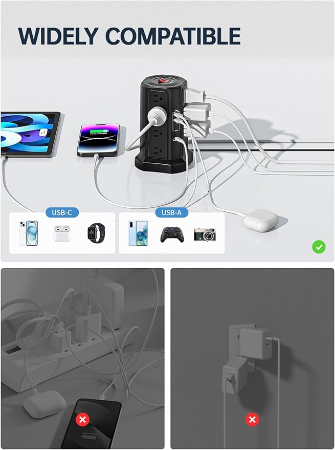 Surge Protector Power Strip with 5 USB Ports,16 AC Outlets 13A 10FT Extension Cord with Multiple Outlets, Fararaka Power Strip Tower with Surge Protection for Office Dorm Room (10FT+16AC2A2C)