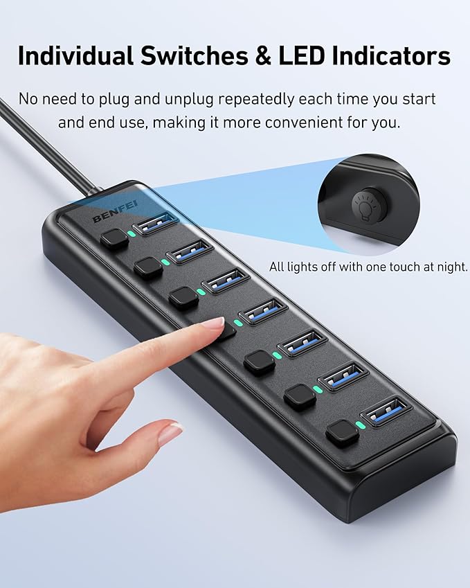 BENFEI USB 3.0 Hub 7-Port, Ultra-Slim Portable USB Splitter with 3.3ft Cable - Compatible with MacBook Pro/Air,Mac Pro, Mac Mini, iMac, Surface Pro, XPS, PC, Flash Drive, Mobile HDD (No Charging Port)