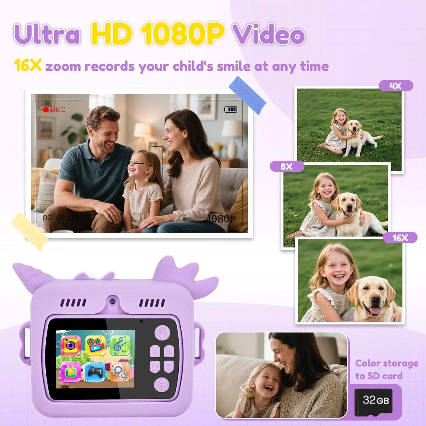 OTJ Kids Camera Instant Print - Selfie Children Digital Camera Toy That Print Photos Christmas Birthday Gifts for Ages 3-12, 4 5 6 7 8 9 10 Year Old Girls Toddler, Travel Portable Video Cameras