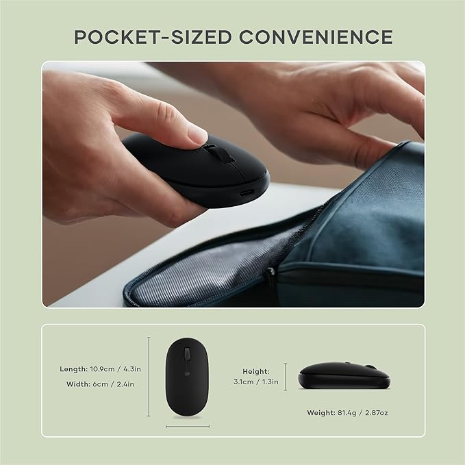 Satechi OntheGo Bluetooth Mouse with USB C Rechargeable Battery, Connect up 3 Devices, Compact and Portable Wireless Mouse for Laptop, Computer, Tablet – Black
