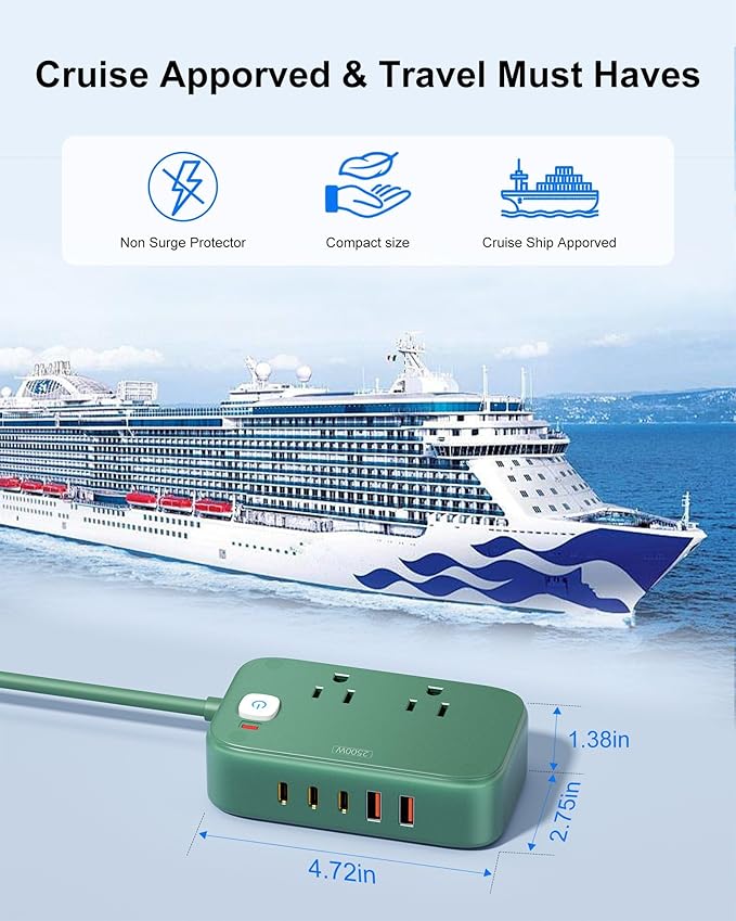 Travel Power Strip with USB C - 40W Charging Station with 2 Outlets 3 USB A & 2 USB C - Charger for Multiple Devices, 5Ft Flat Plug Extension Cord, Non Surge Protector for Cruise Travel Office(Green)