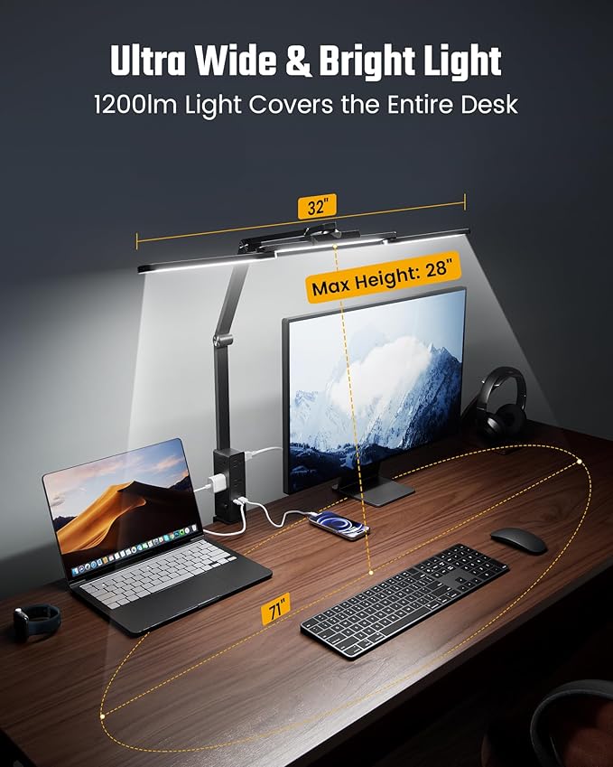 SUPERDANNY LED Desk Lamp with Power Strip (6 Outlets, 1 USB, 1 Type-C) for Home Office, Desk Light Computer Light with Clamp, Architect Desk Lamp with Smooth Dimming 5 Colors Touch & Wave Control