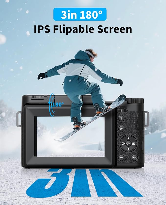 FLATIC 6K Digital Camera, 75MP Cameras for Photography with 8X Optical Zoom & Tripod, Anti-Shake Vlogging Camera with 3" 180° Flip Screen, 64GB Card, Card Reader (Optical Zoom)