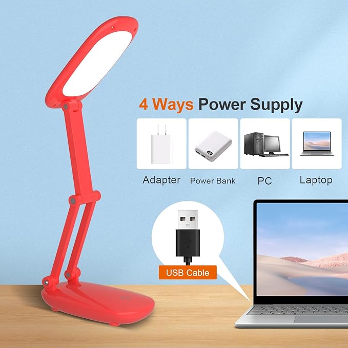 LED Desk Lamp for Office Home & Battery Operated Lamp Rechargeable Lamp Foldable & Portable Light, [2-Fold Bracket] 3 Brightness Dimmable Small Desk Lamp Wireless Reading Lamp (Red)