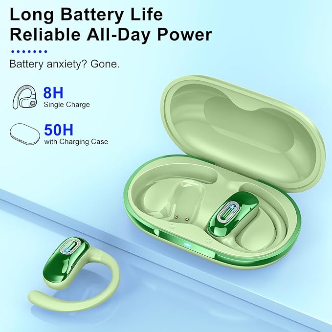 Open Ear Headphones, Bluetooth 5.4 Earbuds, 50H, Air Conduction Ear buds, HD Stereo Bass Over Ear Earphones with Earhooks, Ultra-Comfort Secure Fit, IPX7 Waterproof Headset for Working Sports, Green