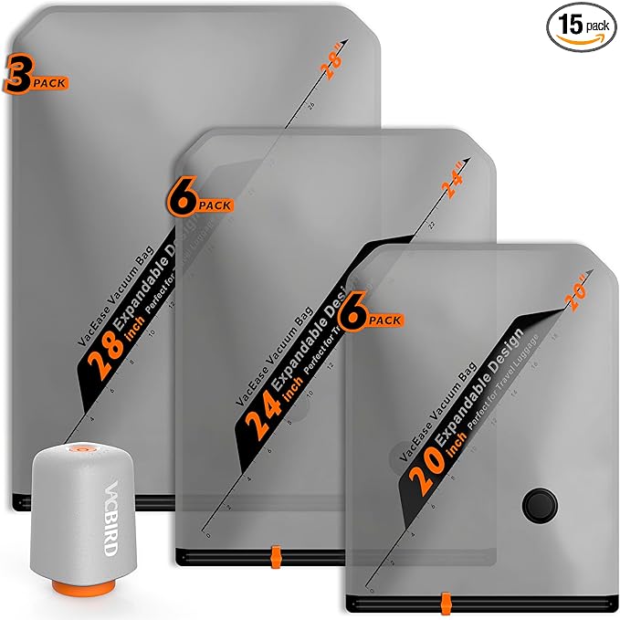 Rechargeable Wireless Pump Travel Storage Bags Set - 15 Pack Portable Space Saver Bags for Travel & Home - Vacuum Compression Packing Seal for Clothes, Blankets, Seasonal Storage