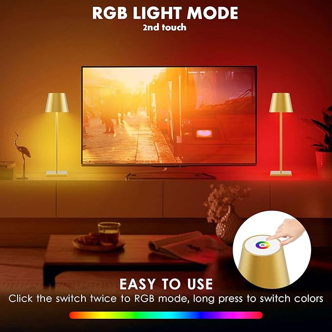 2-Pack LED Cordless Table Lamp with RGB & Stepless Dimming, 3W 5500mAh Rechargeable Desk Lamps Battery Operated Table Light Stepless Dimmable Portable Table Lamp for Table/Bedroom/Outdoor (Gold)