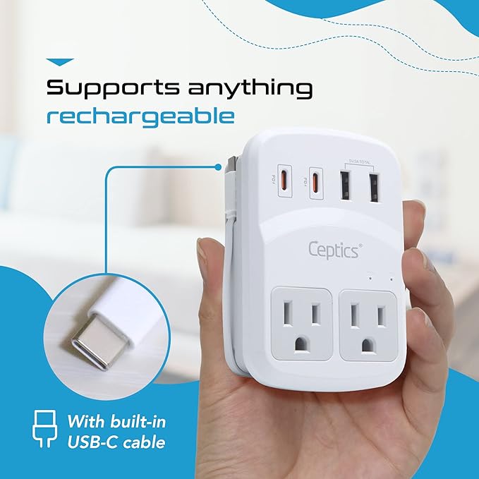 Ceptics World Travel Adapter Kit 2 USB-A, USB-C US Outlets, 20W/QC 18W Power Delivery, Surge Protection, SWADAPT Compatible for Europe, UK, China, Australia, Japan Perfect Laptop (WPS-5B)