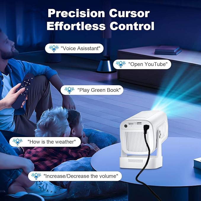 【Short Throw & Speaker】Mini Smart Projector, 1080P Native with 4K Support, WiFi 6 and Bluetooth 5.4, Auto Focus/ Keystone Correction, Built in Apps, Voice Control, Portable Outdoor Movie Projectors