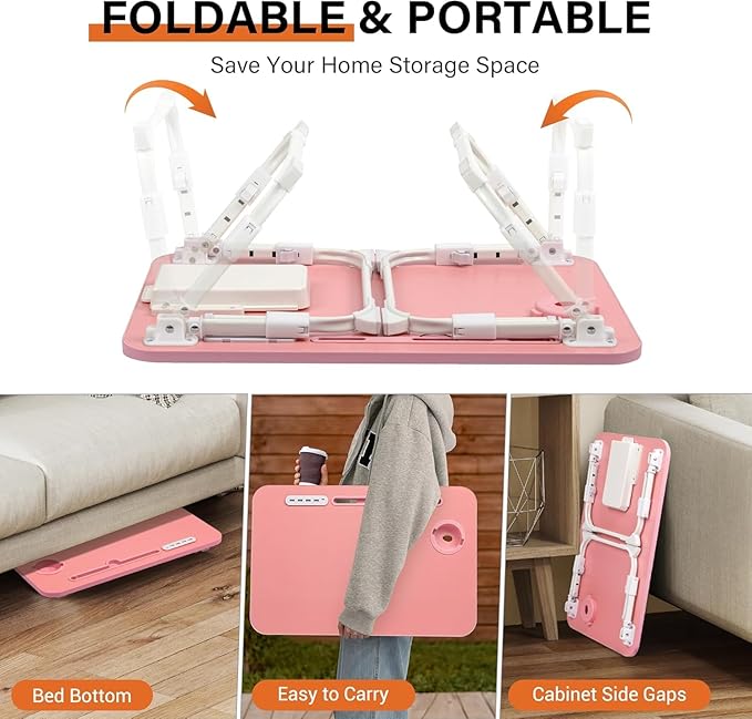 Bed Desk Height Adjustable, Bed Laptop Table with USB/Storage Drawer/Cup Holder/Tablet Stand/Book Shelf, Foldable Breakfast Tray Portable for Reading Writing, Bed, Sofa & Floor, Wood, Pink