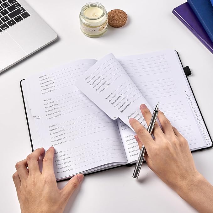 JUBTIC Password Book with Individual Alphabetical Tabs, 7"x10" Internet Password Keeper Book for Seniors, Password Notebook and Organizer/Notes Section, Black