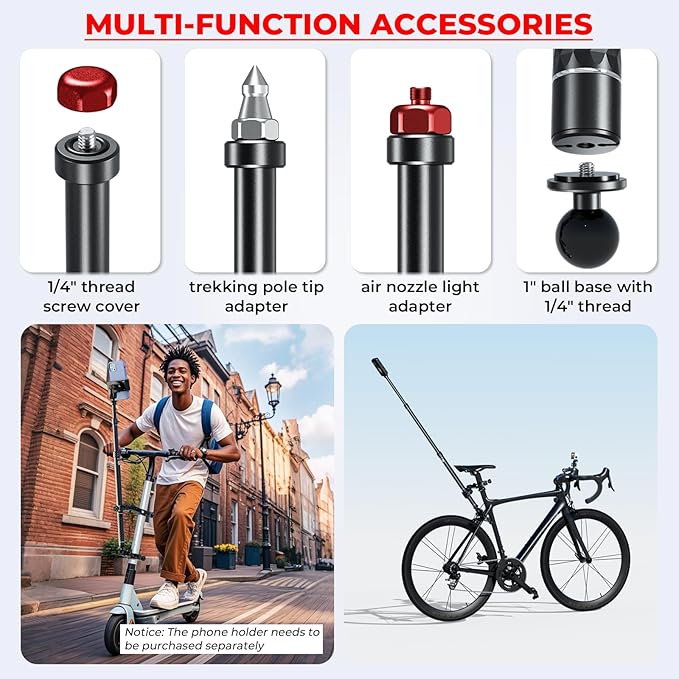 Aluminum Alloy Motorcycle Camera Mount Kit for GoPro Insta360 DJI, 360° Rotating Heavy-Duty Bike Handlebar Anti-Theft Clamp Mount with Extendable Selfie Stick for Motorcycle Bike ATV UTV