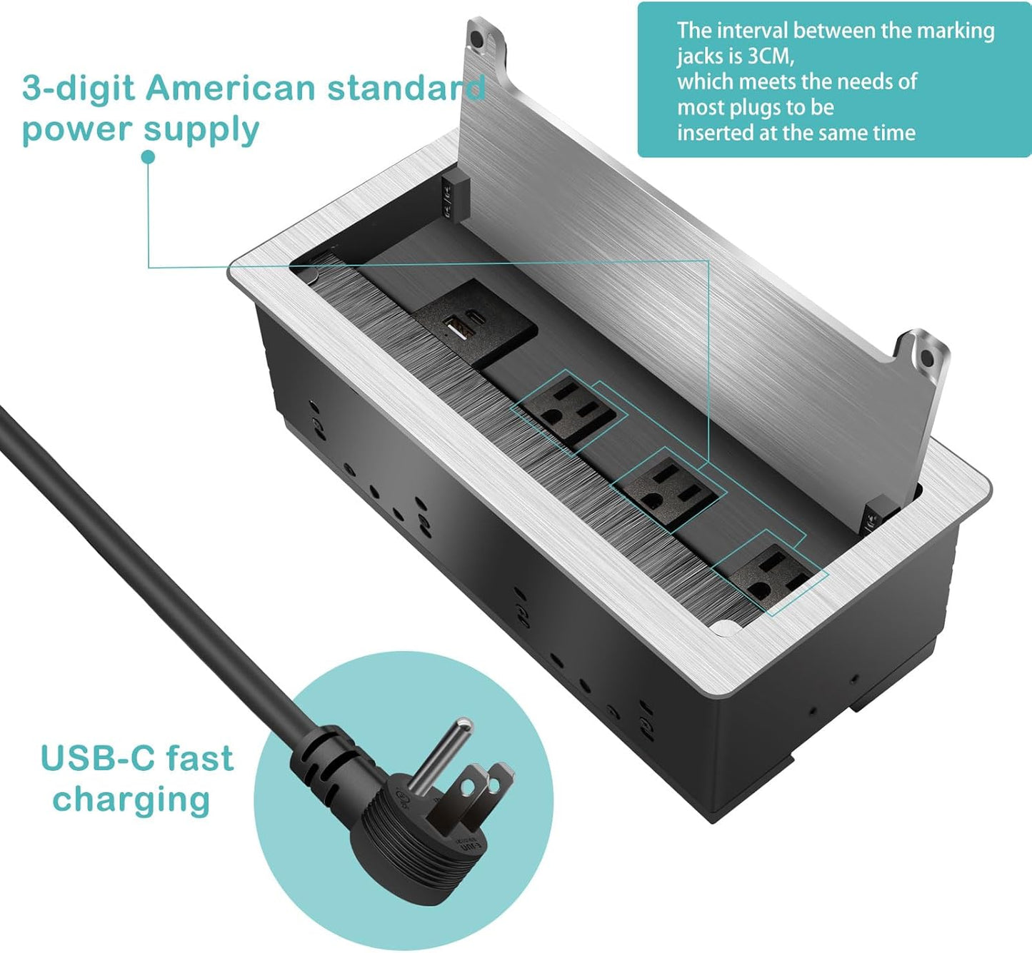 Table Outlet Embedded Desk Outlet, 3 AC outlets, USB-A, USB-C Fast Charging 18W, 8FT Long 16AWG UL Cable Power Supply 1875W Used for Home Office desks Flat Plug - Silver