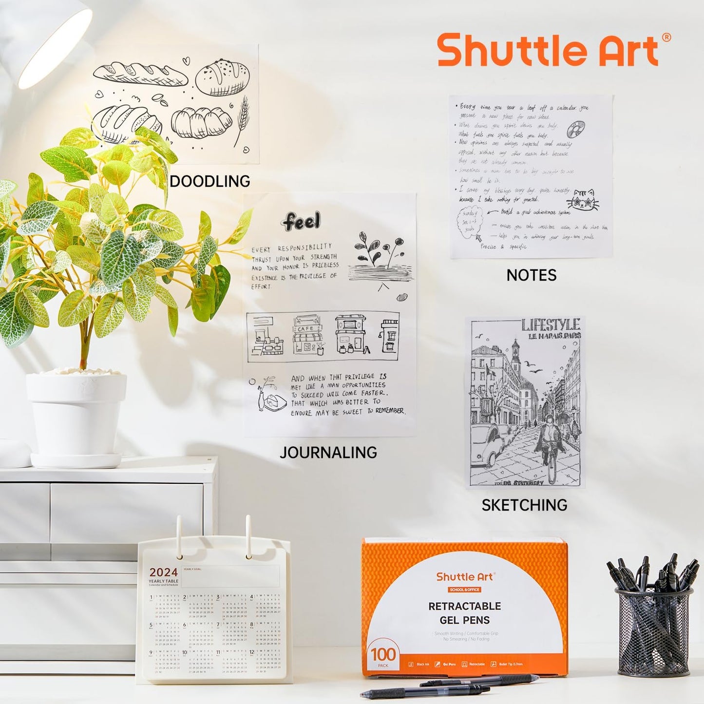 Shuttle Art Black Gel Pens, 100 Pack Retractable Medium Point Rollerball Gel Ink Pens Smooth Writing with Comfortable Grip for Office School Home Work