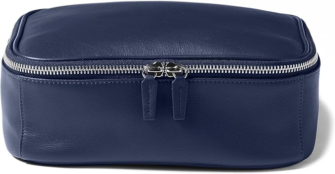 Leatherology Navy Blue Large Travel Organizer – Full-Grain Leather Toiletry Bag with Zipped Mesh Pocket, Elastic Loops & Double Metal Zipper – Travel Storage for Cables, Toiletries & Essentials