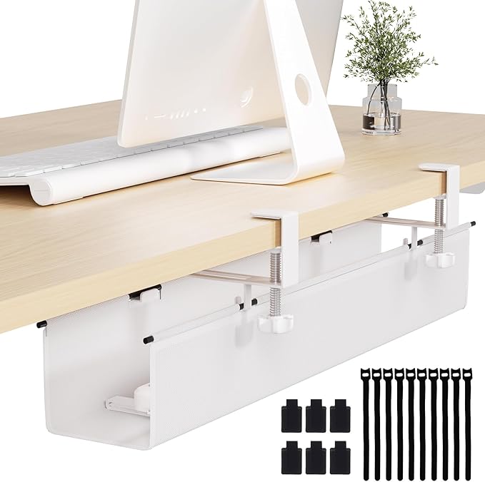 Under Desk Cable Management Tray 27.2" - No Drill Computer Wire Organizer Cable Tray, Fabric Cord Hider Clamp Mount, with 16X Cable Ties PC Cables Management Cord Holder for Office/Home (White)