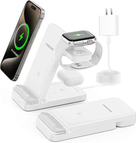 Wireless Charger, Tribone 3 in 1 Foldable Fast Charger for iPhone 17 16 15 14 13 12 11 Pro Max XR XS 8 Plus, for Apple Watch 11 10 9 8 7 6 5 4 3 2 SE Ultra,for AirPods Pro 4 3 2 (White)