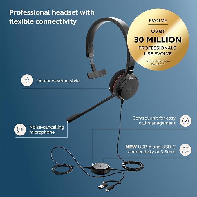 Jabra Evolve 30 II Wired Single-Ear Headset with Mic for Work - 3.5mm Jack, USB-A/USB-C Connectivity, Computer Headset with Noise-Cancelling Microphone, Microsoft Teams Certified, Call Control - Black