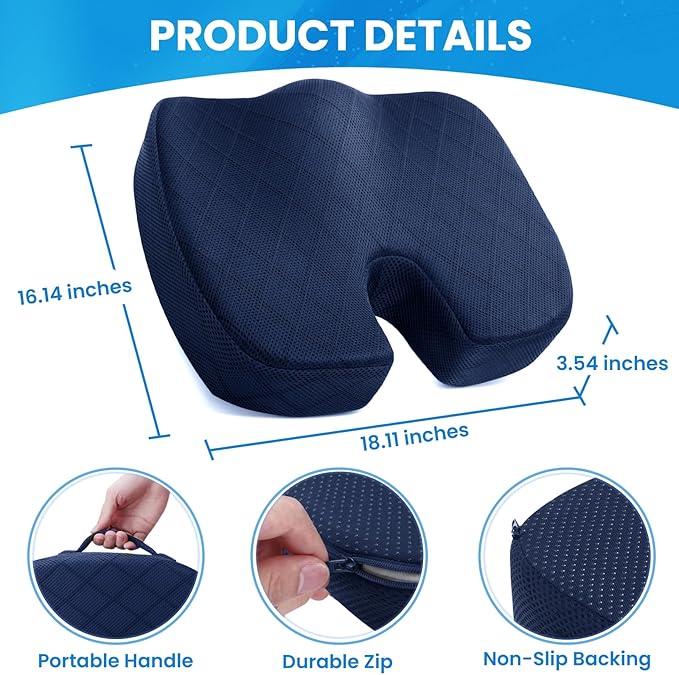 TushGuard Seat Cushion - for Office Chair, Car Seat, Airplane, Bleacher - Sciatica & Coccyx Pain Relief Desk Chair Cushion for Long Sitting Office Workers, Car Drivers(Blue,X-Large)