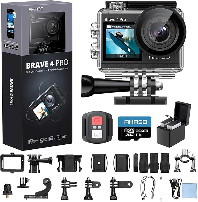 AKASO Brave 4 Pro 4K30 Action Camera with 256GB MicroSD U3 Card 131FT Underwater Waterproof Camera EIS Touch Screen Remote Control with 2x1350mAh Batteries and Helmet Accessories Kit Bundle