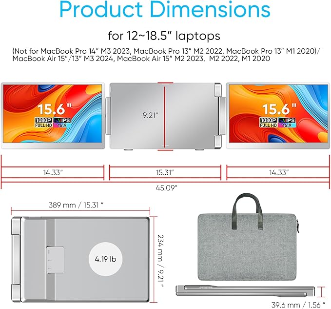 15.6" Laptop Screen Extender, FHD 1080P IPS Portable Monitor for Laptops 12~18.5 inch, Triple Screen Laptop Monitor Extender Display, Plug & Play with USB-C HDMI for Windows/MacBook/PS5/Switch/PS4