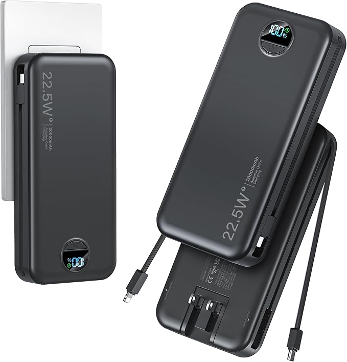 20000mAh Ultra-Portable-Charger-Power-Bank with Built in Cables&AC Wall Plug,PD20W USB-C Fast Charging Cell Phone Charger Battery Pack,LED Display Travel Battery Bank for All iPhone,Samsung,Android