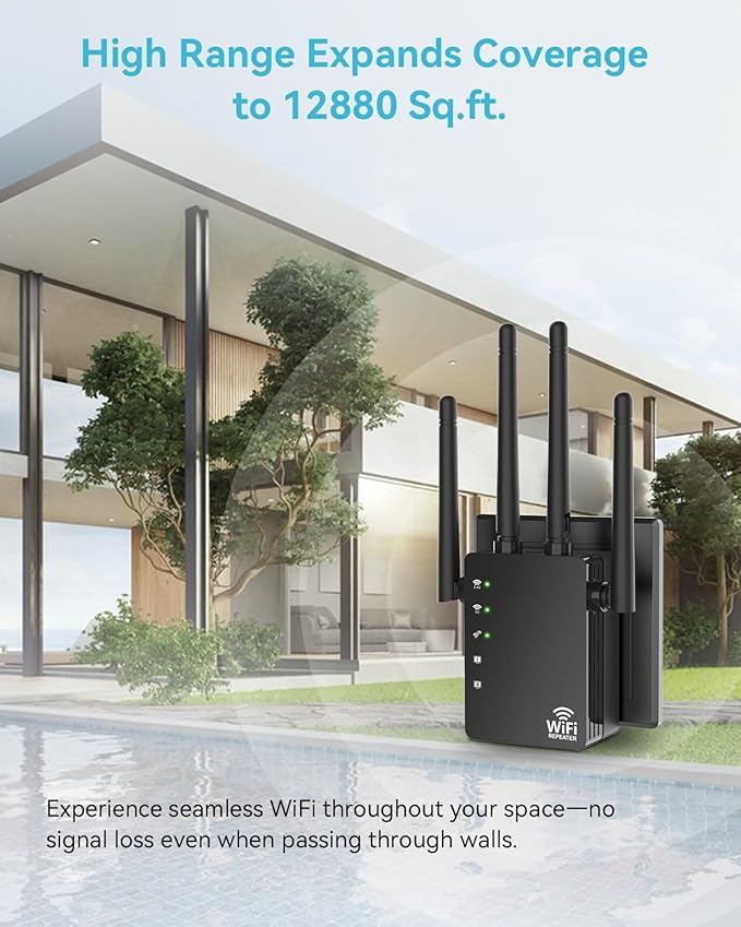 WiFi Extender Signal Booster Covers 12880 Sq.ft, WiFi Extender for Home and Outdoor, Compatible with 105 Devices, Dual Band 5GHz/2.4GHz, WiFi Repeater Range Extender