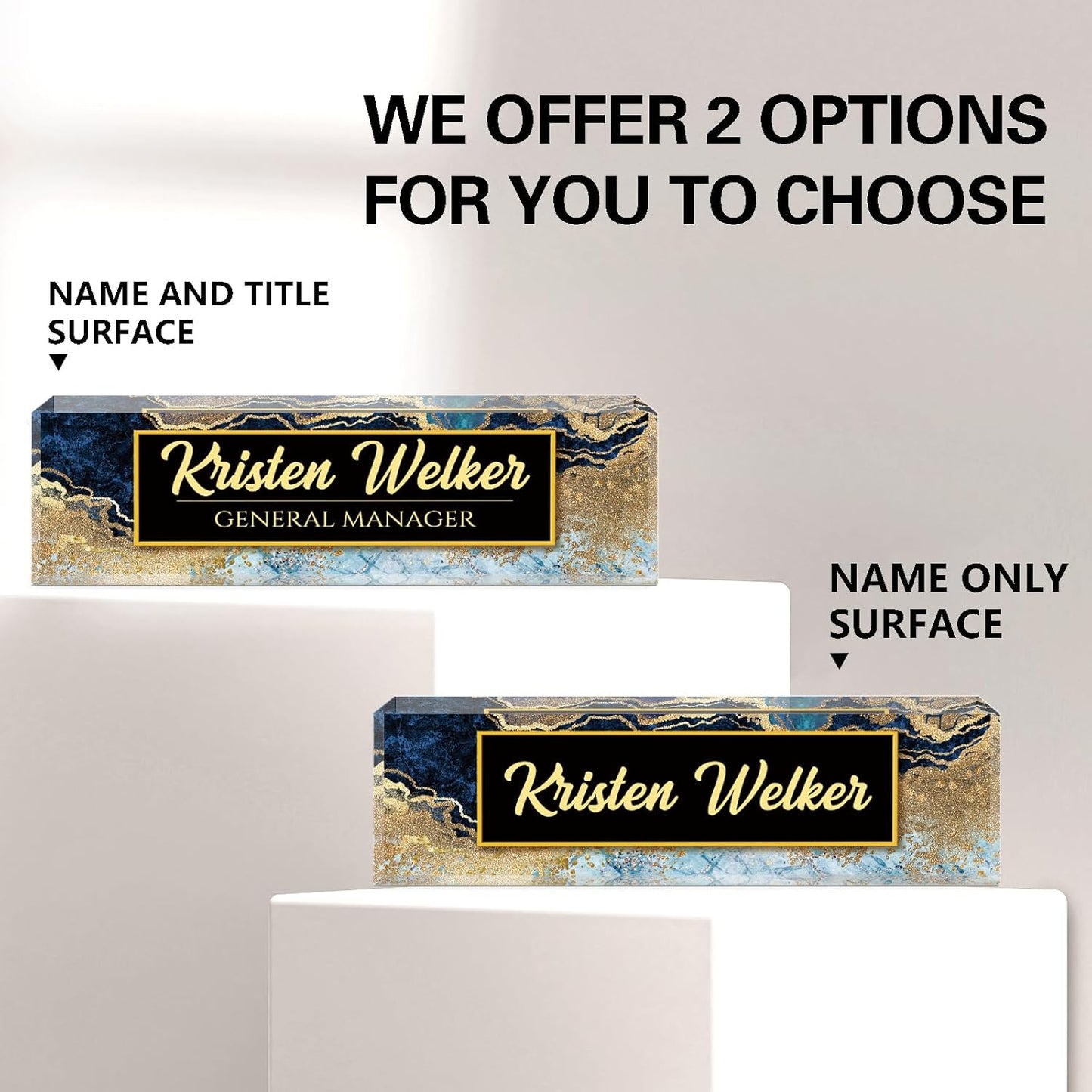 Name Plate for Desk, Desk Name Plate Personalized, Office Decor for Women Men, Acrylic Desktop Accessories, Office Appreciation Gifts for Boss Social Workers Nurse Teacher Employee (Blue/Gold)