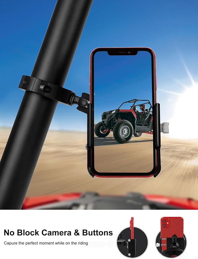 UTV Phone Mount, Aluminum Heavy Duty UTV Phone Holder Fit for 1.75"-2" Roll Cage, Compatible with Polaris RZR/Can Am X3/Kawasaki Teryx/Talon Pioneer 1000, No Block Camera & Buttons