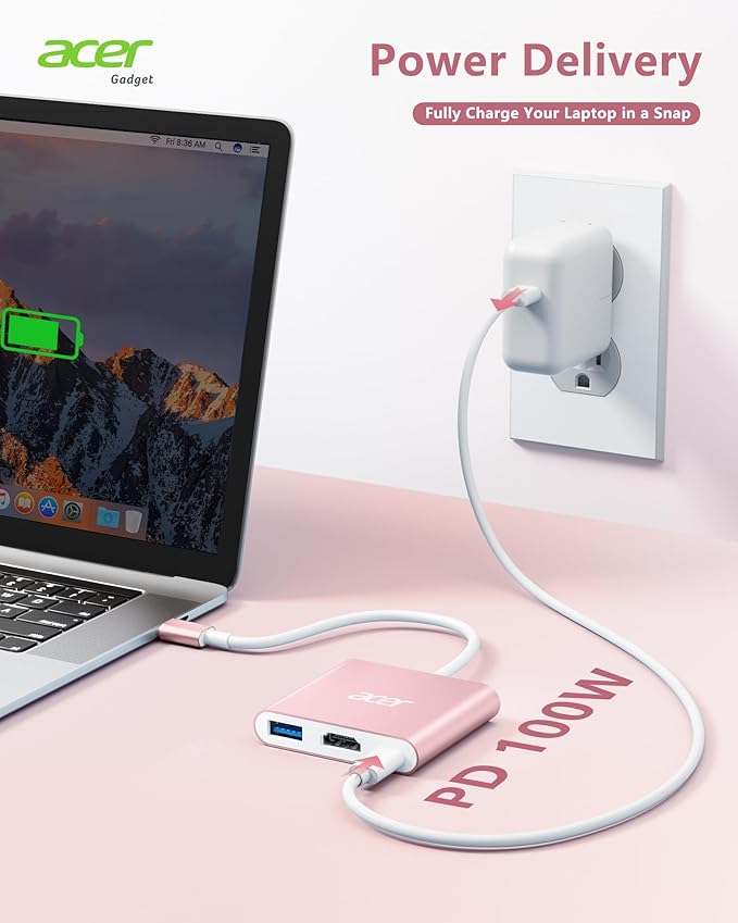 Acer USB C Hub, 3 in 1 USB C to HDMI Multi-Port Adapter,with 5Gbps USB 3.0 GEN1 Data Port, 4K HDMI Port and PD Max 100W Charging for USB C Phones, Tablets, iPad Pro, MacBook Pro, Acer Laptops and More