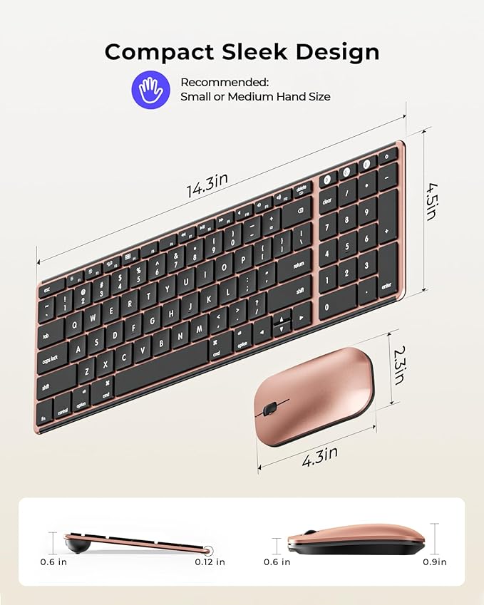 seenda Bluetooth Keyboard and Mouse for Mac, SKM64-2 Multi-Device Rechargeable Slim Wireless Keyboard Mouse Stainless Steel Full Size, Compatible with MacBook Pro/Air, iPad, Mac - Black Rose Gold