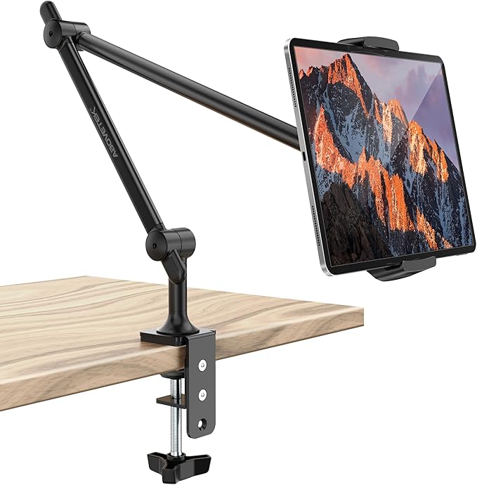 AboveTEK Tablet Stand Holder for Desk & Bed, Aluminum iPad Holder Arm with 360° Rotating Clamp, Adjustable Phone Stand Compatible with 4.7"-13.5" iPad Pro/Air/Mini, iPhone, Galaxy Tab- Black