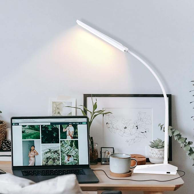 RAOYI LED Desk Lamp, 12W Dimmable Table Lamp Eye-Caring Reading Light with USB Charging Port Touch Control 5 Color Modes 7-Level Brightness Adjustable for Office Home Bedroom (White)